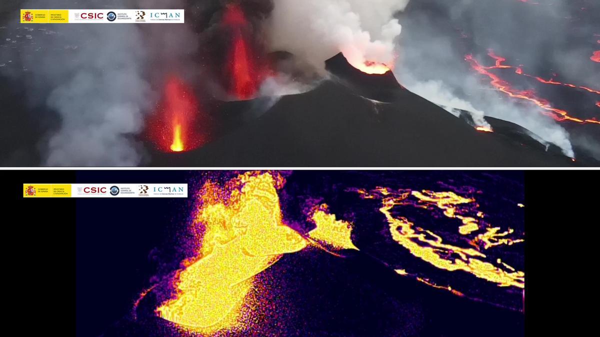 Imagen del volcán al natural y con cámara térmica.