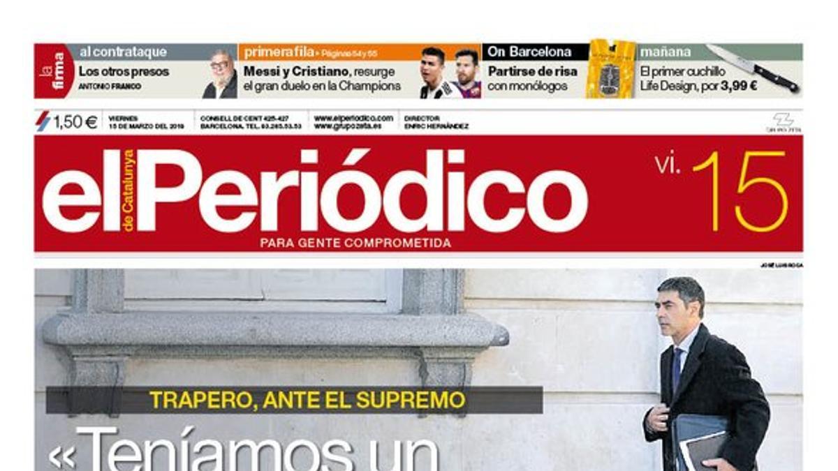 La portada de EL PERIÓDICO del 15 de marzo del 2018