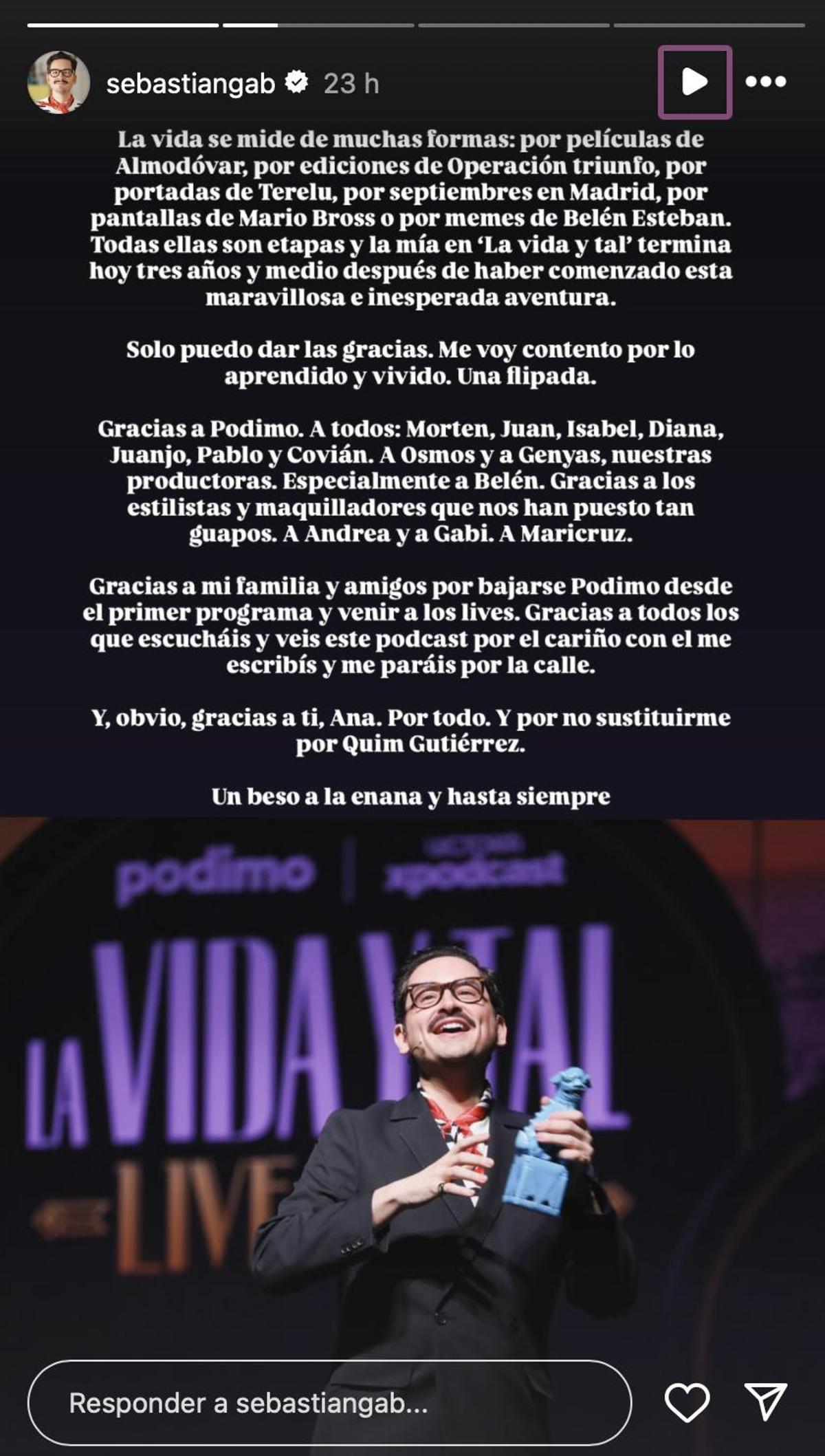 El 'comunicado' de Sebastián Gallego cerrando la etapa en 'La vida y tal'