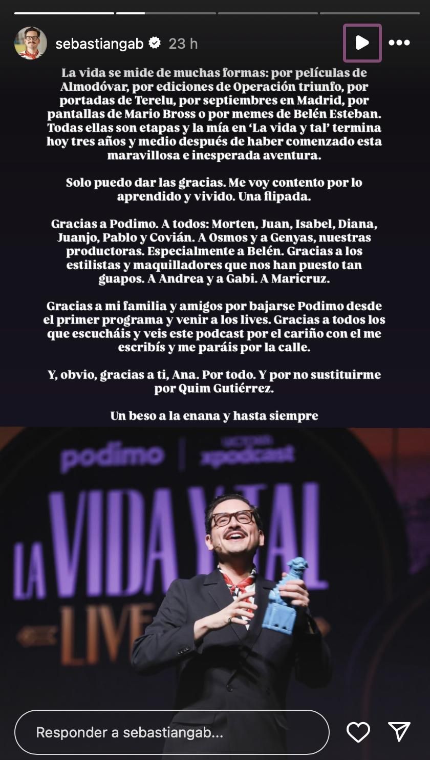 El 'comunicado' de Sebastián Gallego cerrando la etapa en 'La vida y tal'