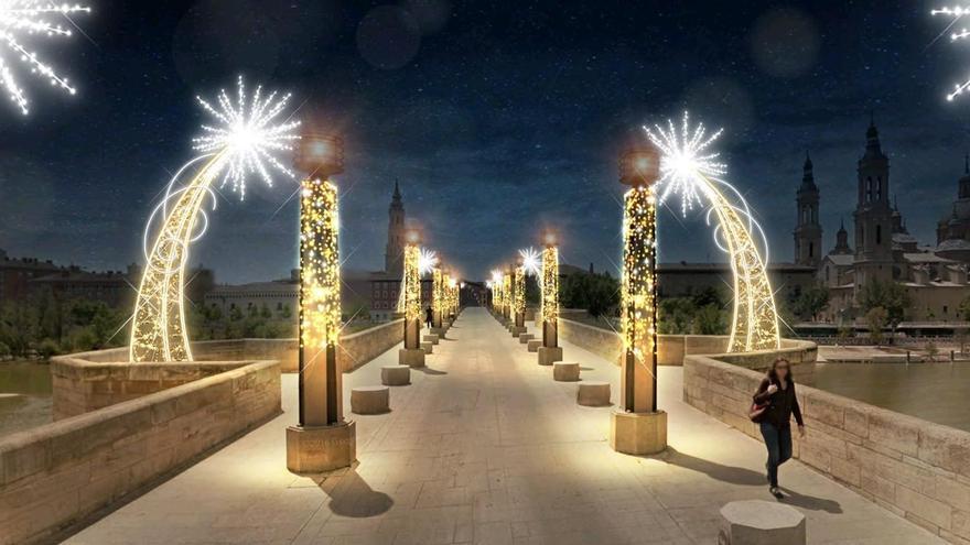 Recreación del aspecto que lucirá este año el puente de Piedra en Navidad.
