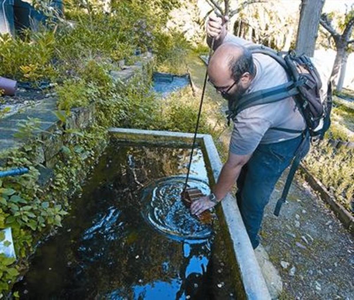 El biólogo Guillem Pascual cuida las planarias de las balsas del vivero de Tres Pins en Montjuïc, en Barcelona.