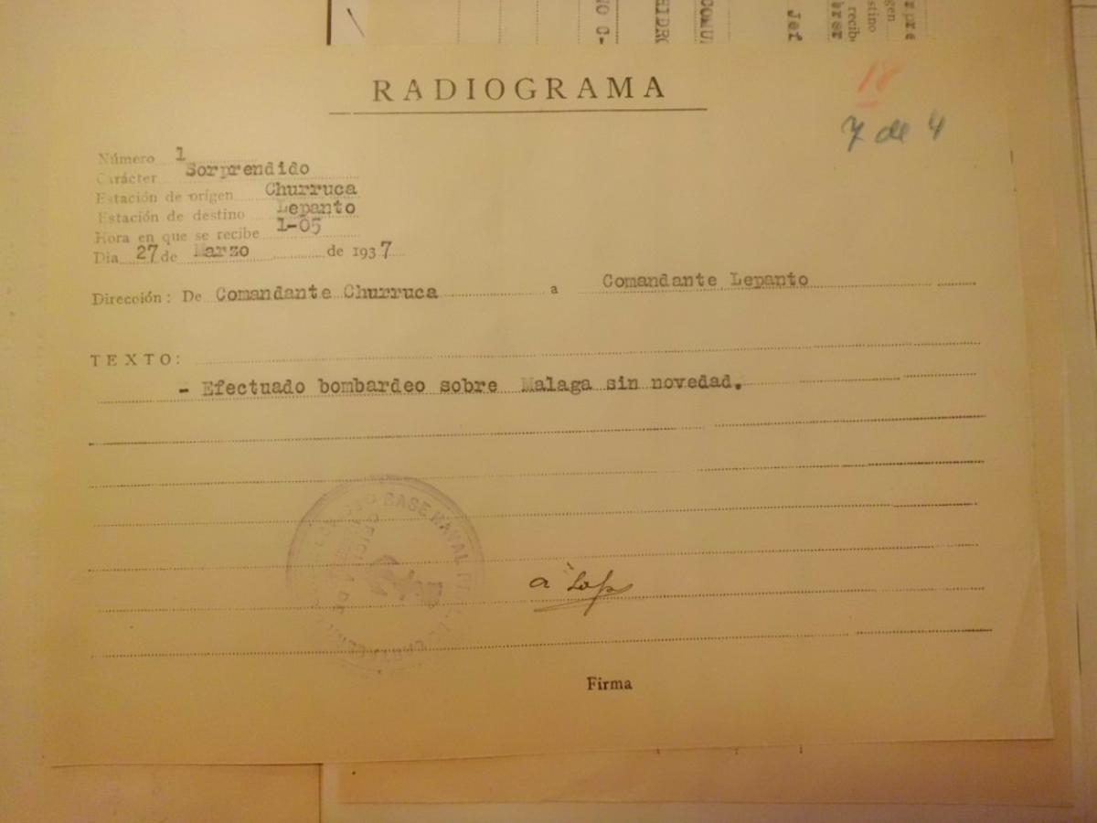 El radiograma confirmando el bombardeo de Málaga el Viernes Santo de 1937.