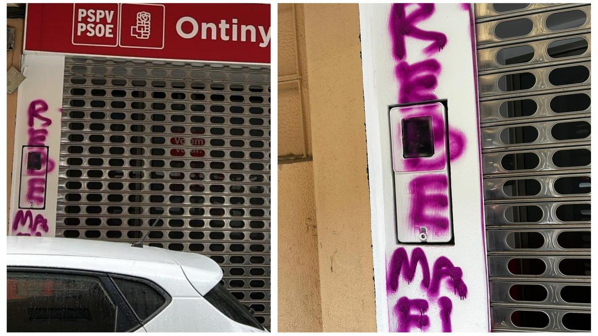 La pintada aparecida este miércoles en la sede del PSPV de Ontinyent.