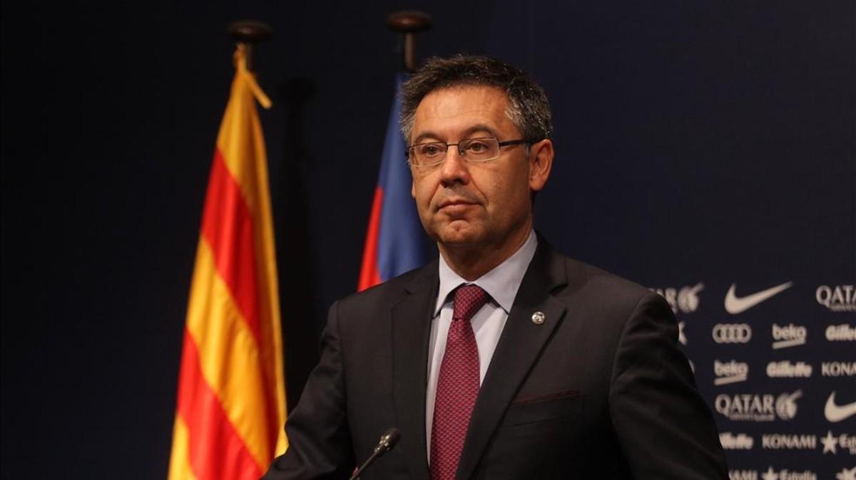 Bartomeu, durante su comparecencia de prensa en la sala Ricard Maxenchs