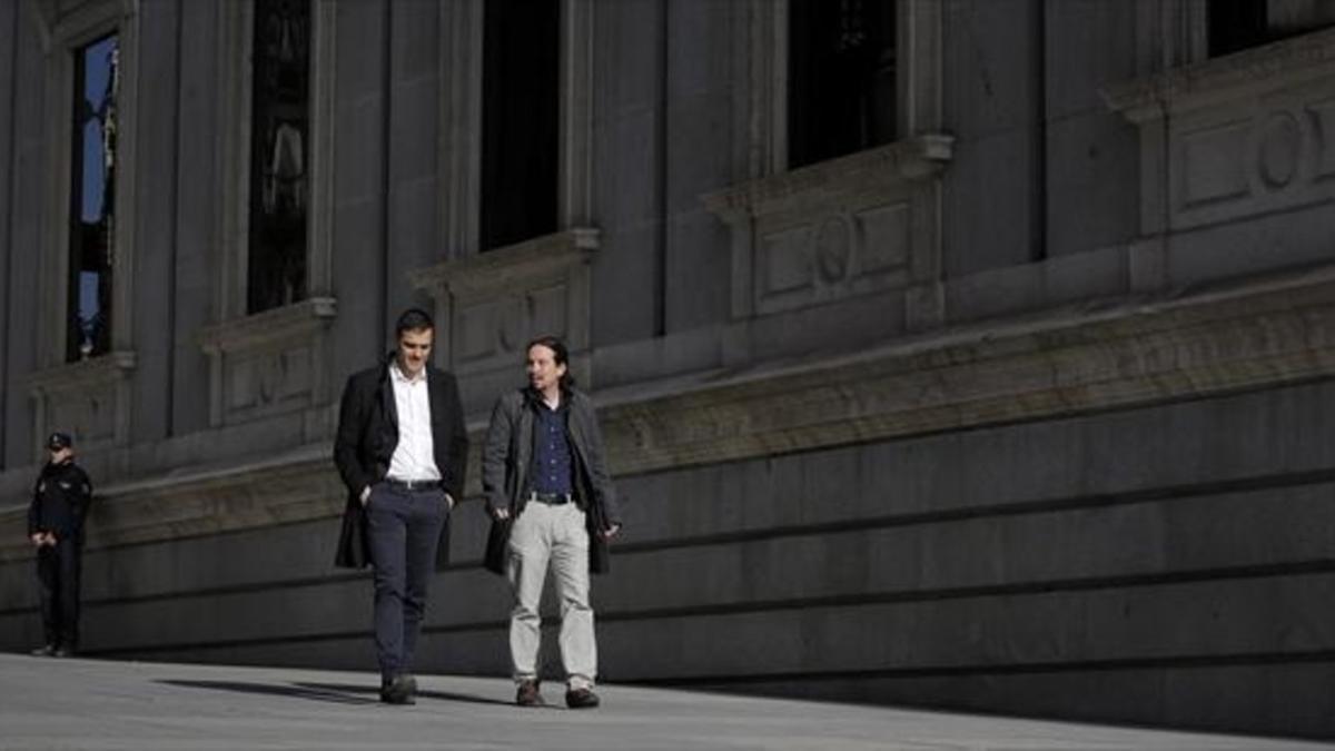 EL ENCUENTRO Sánchez e Iglesias, el pasado 3 de marzo, cuando se reunieron en el Congreso.