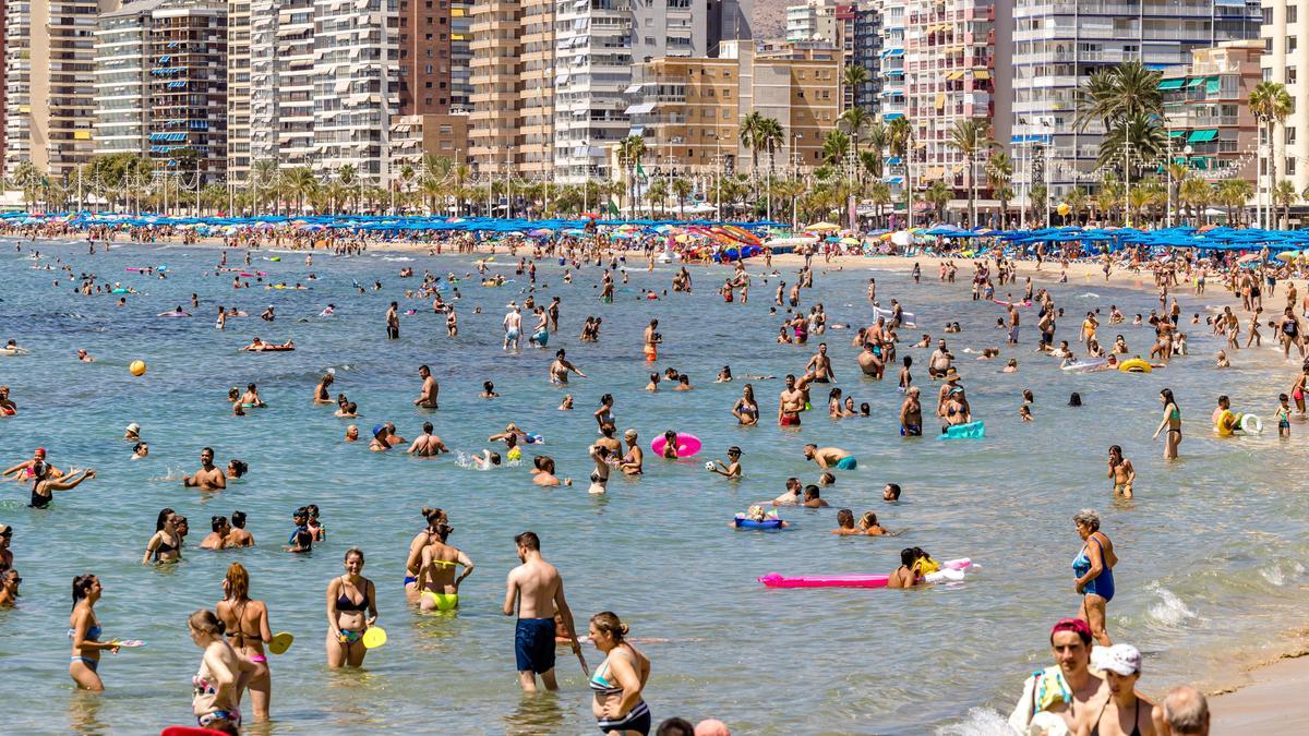 Turistas bañándose en la playa de Levante de Benidorm a primeros de mes.