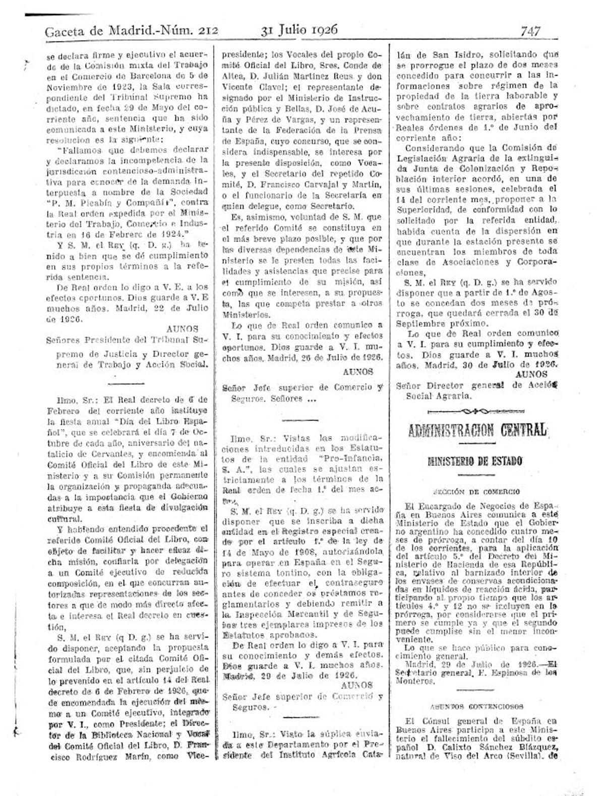 Gaceta de Madrid del 31 de julio de 2026, cuando se aprueba el Real Decreto de creación del 'Día del libro español'.