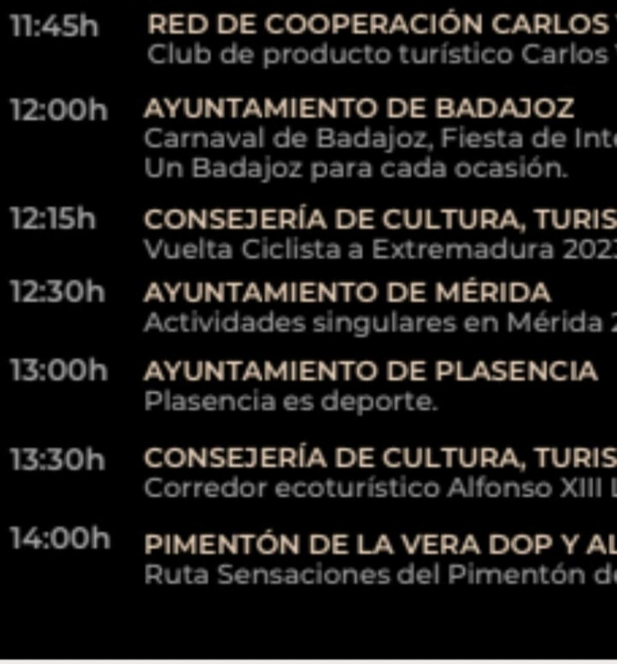 Programa del estand de la Junta de Extremadura con el horario de las presentaciones.