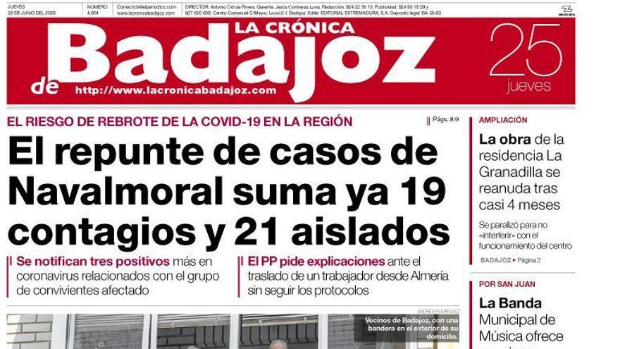 Esta es la portada de LA CRÓNICA DE BADAJOZ correspondiente al día 25 de junio del 2020