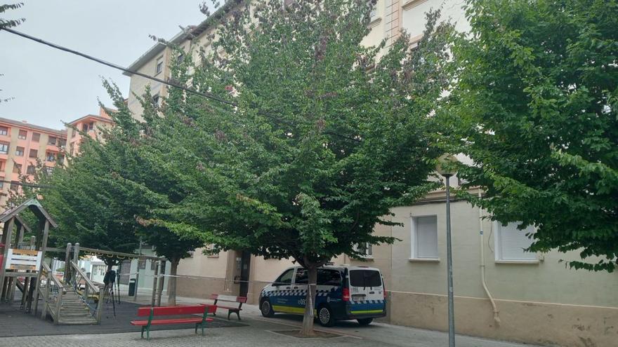Un vehículo de la Policía Municipal de Pamplona, ante el edificio donde se produjo el crimen el pasado lunes. | DIARIO DE NOTICIAS DE NAVARRA