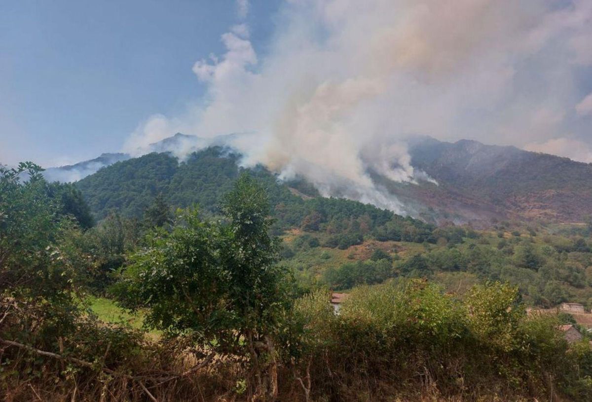 El incendio de Caunedo (Somiedo) en la mañana de ayer.