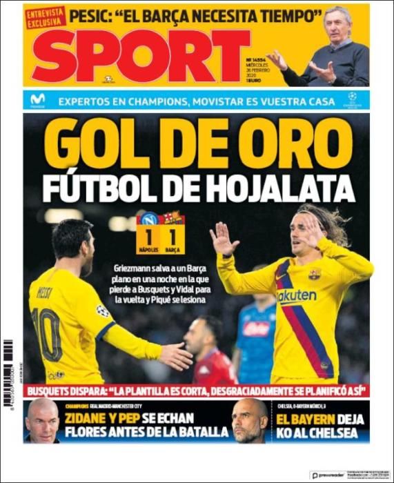 Portada SPORT miércoles 26 febrero 2020