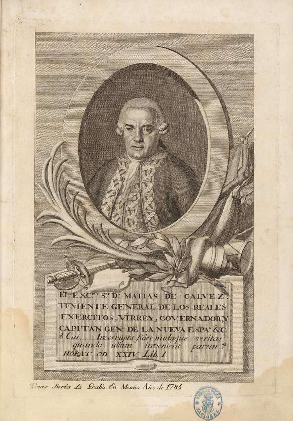Grabado de Matías de Gálvez, mucho más veraz que su retrato post mortem.