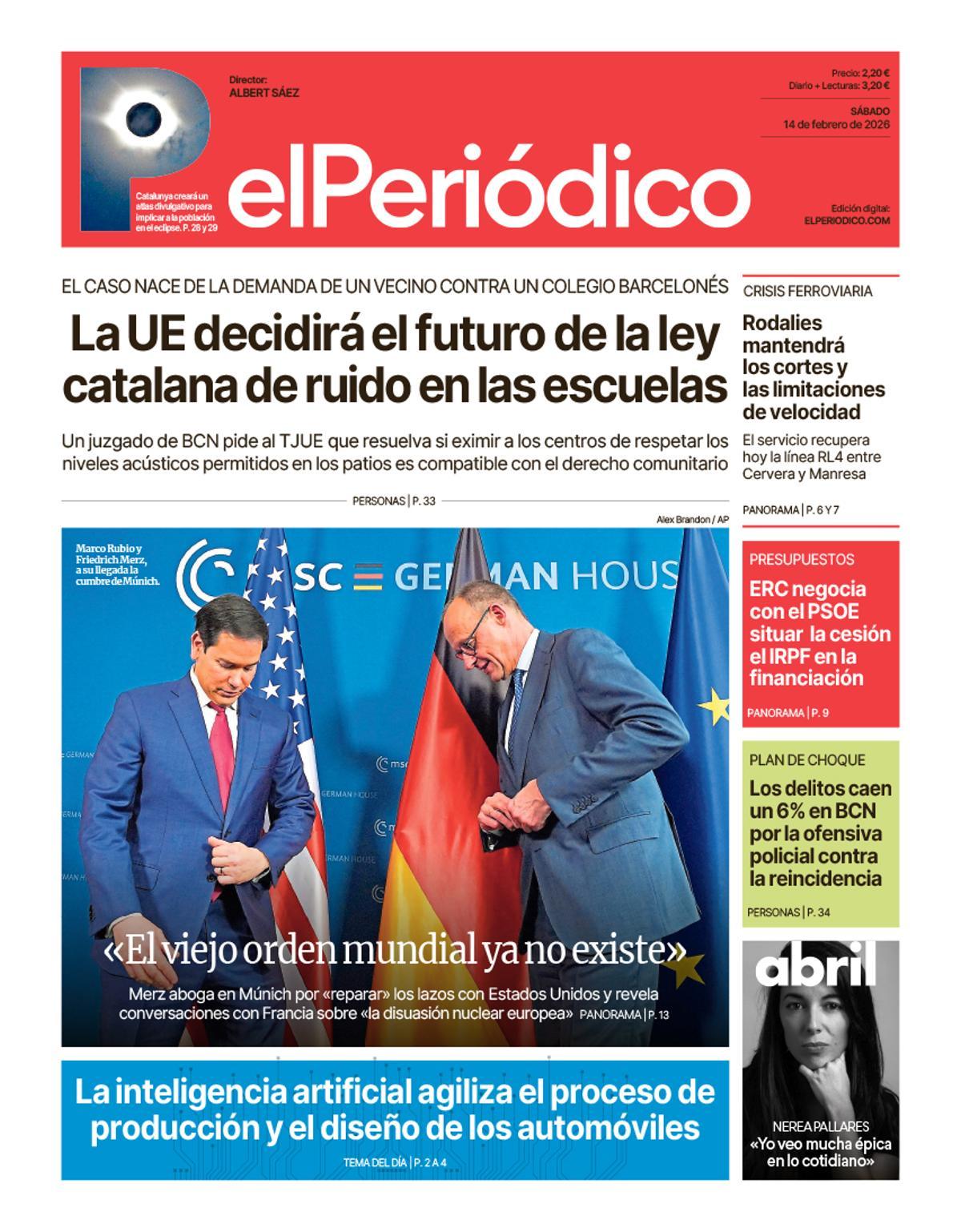 La portada de EL PERIÓDICO del 14 de febrero de 2026