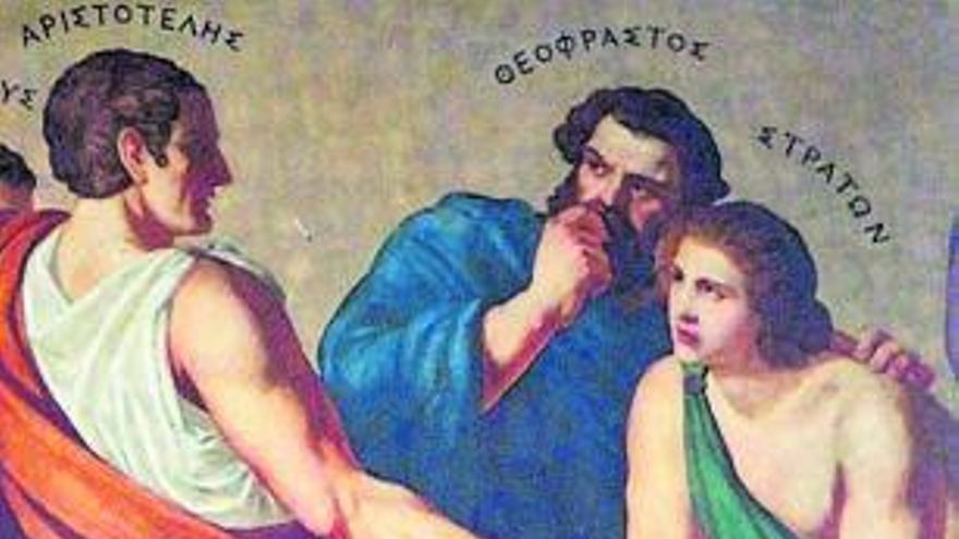 Detalle de un fresco de la Universidad de Atenas: Aristóteles, Teofrasto y Estratón de Lámpsaco. | | LP/DLP