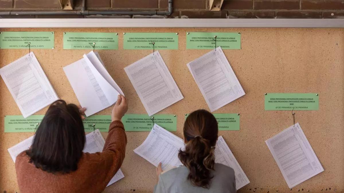 Varias docentes cuelgan el censo de alumnado antes de la consulta de lengua en un centro de Alicante.