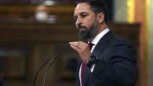 El líder de Vox, Santiago Abascal, en la tribuna del Congreso de los Diputados.