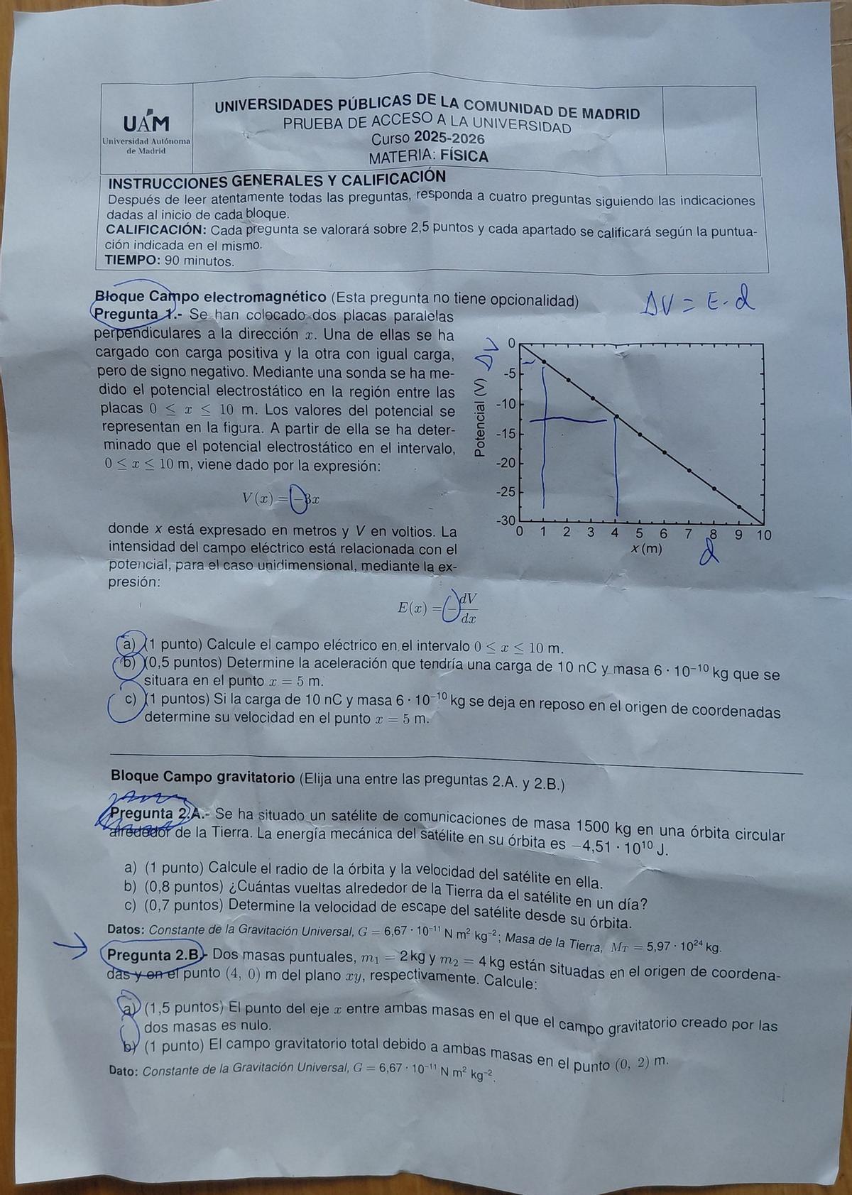 Examen de Física de la PAU 2026 de Madrid
