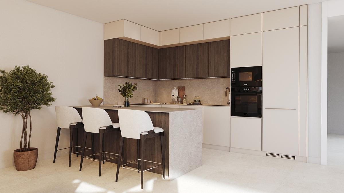 Cocina de las viviendas de tres dormitorios de la promoción Térmica Beach de Ginkgo y Aedas Homes en Málaga capital.