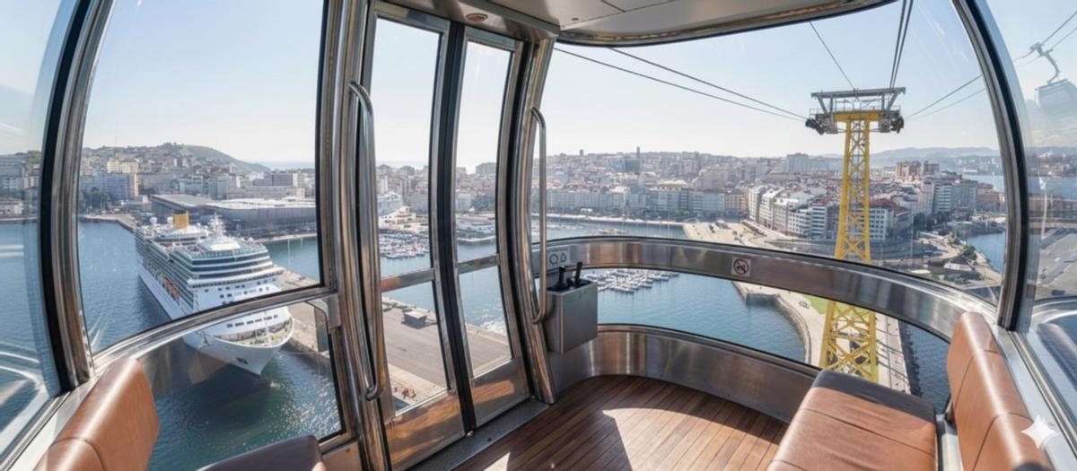 Imagen virtual de la vista del puerto y la ciudad desde la cabina del teleférico propuesto.