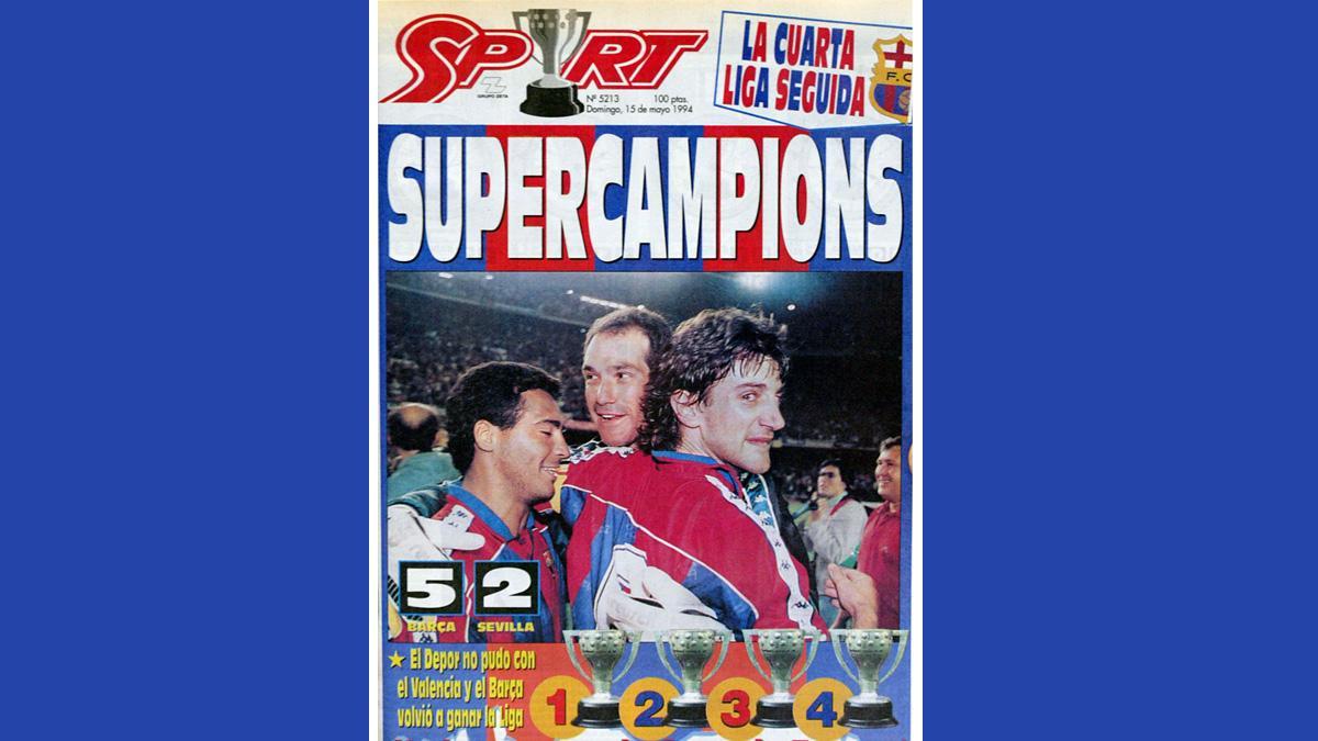 La portada de SPORT después de que el Barça ganara la cuarta Liga consecutiva (1993-94)