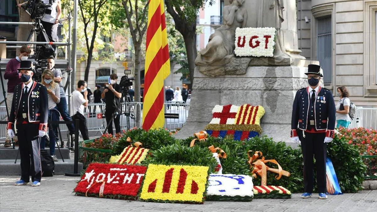 Aspecto del monumento a Rafael Casanova, esta mañana.