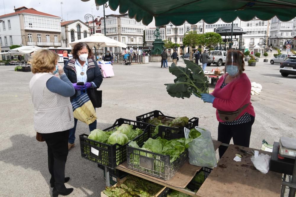 Una docena de vendedores de productos agroalimentarios de toda la comarca coruñesa acudieron a la plaza Irmáns García Naveira de Betanzos en el primer mercado semanal desde el inicio del confinamiento