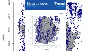 El cielo extremeño, 'bombardeado' por 2.352 rayos