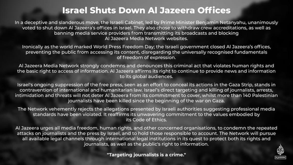 Netanyahu anuncia el cierre de la cadena Al Jazeera en Israel