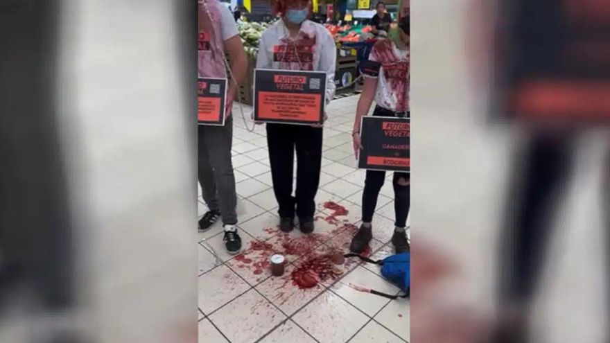 A group of activists chain themselves and throw “fake blood” in a supermarket in the Canary Islands