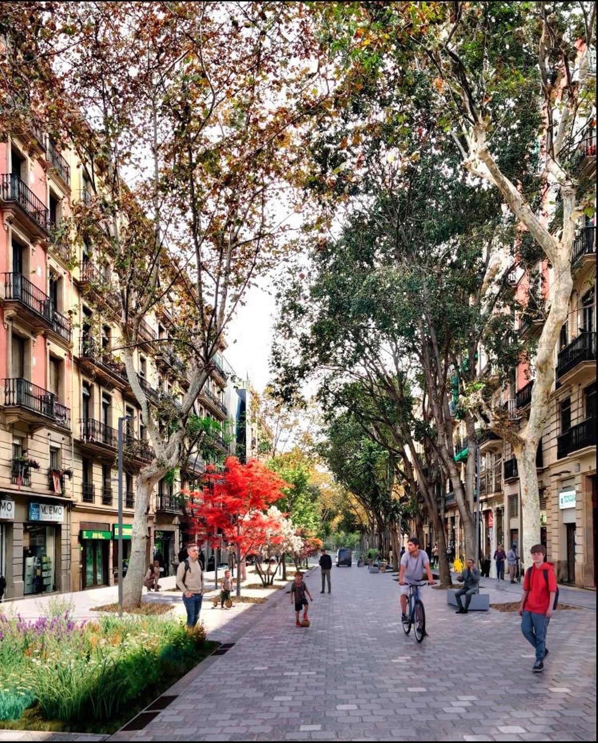 Recreación virtual de una calle, con tres hileras de árboles.