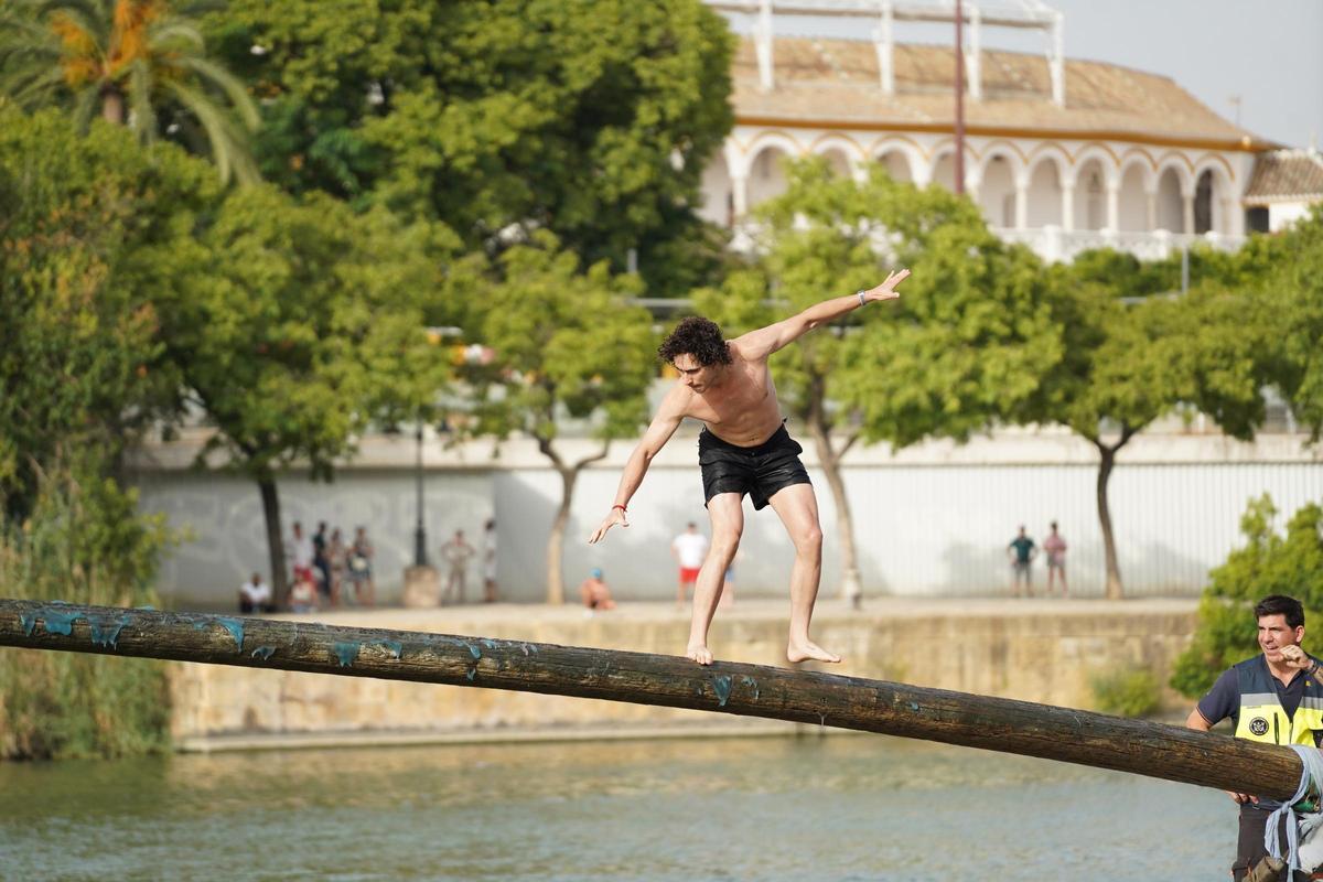 La 'cucaña', el juego centenario que regresa cada verano al río Guadalquivir por la Velá de Santa Ana en imágenes
