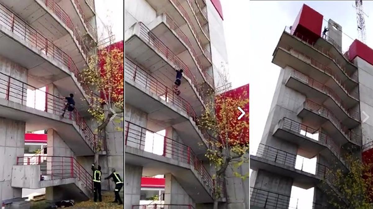 Entrenament al Parc de Bombers 11 d’Hortaleza (Madrid): un bomber puja de balcó en balcó fins al pis 9 en 30 segons.