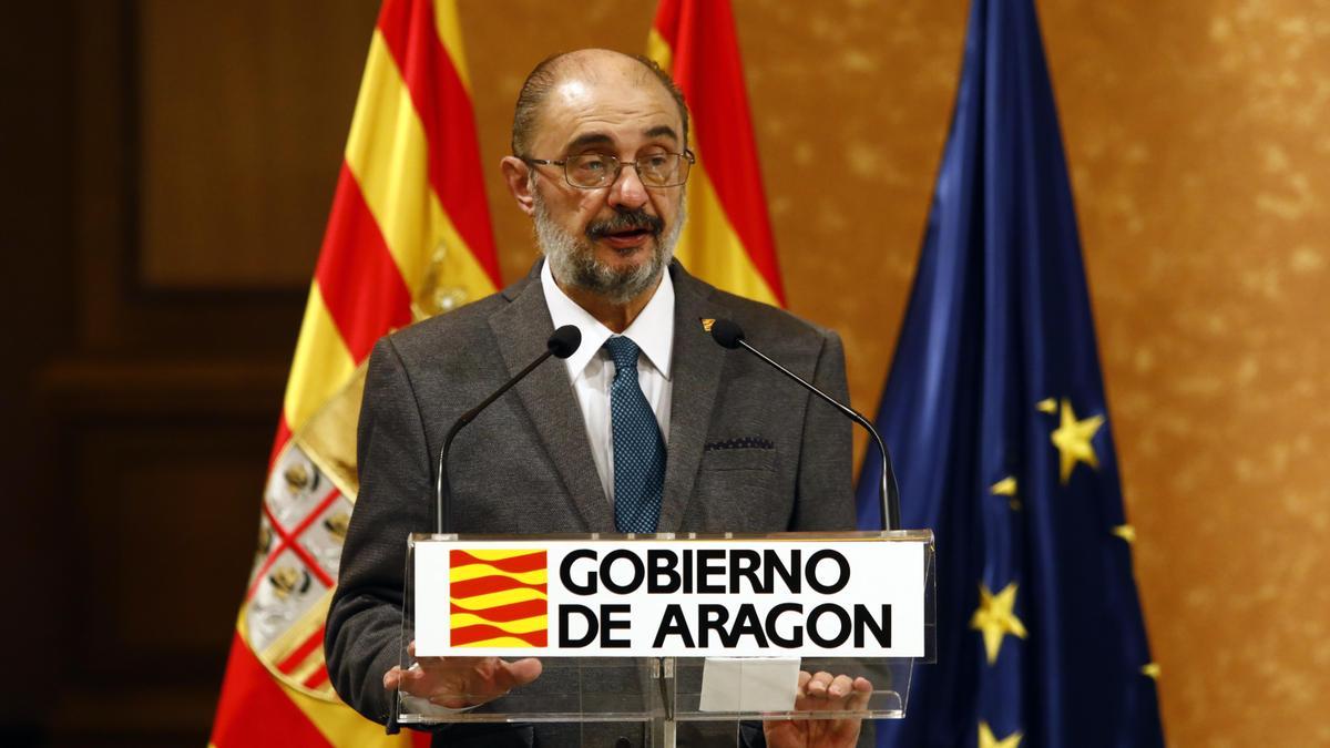 Javier Lambán, durante su comparecencia de esta mañana en el Pignatelli.