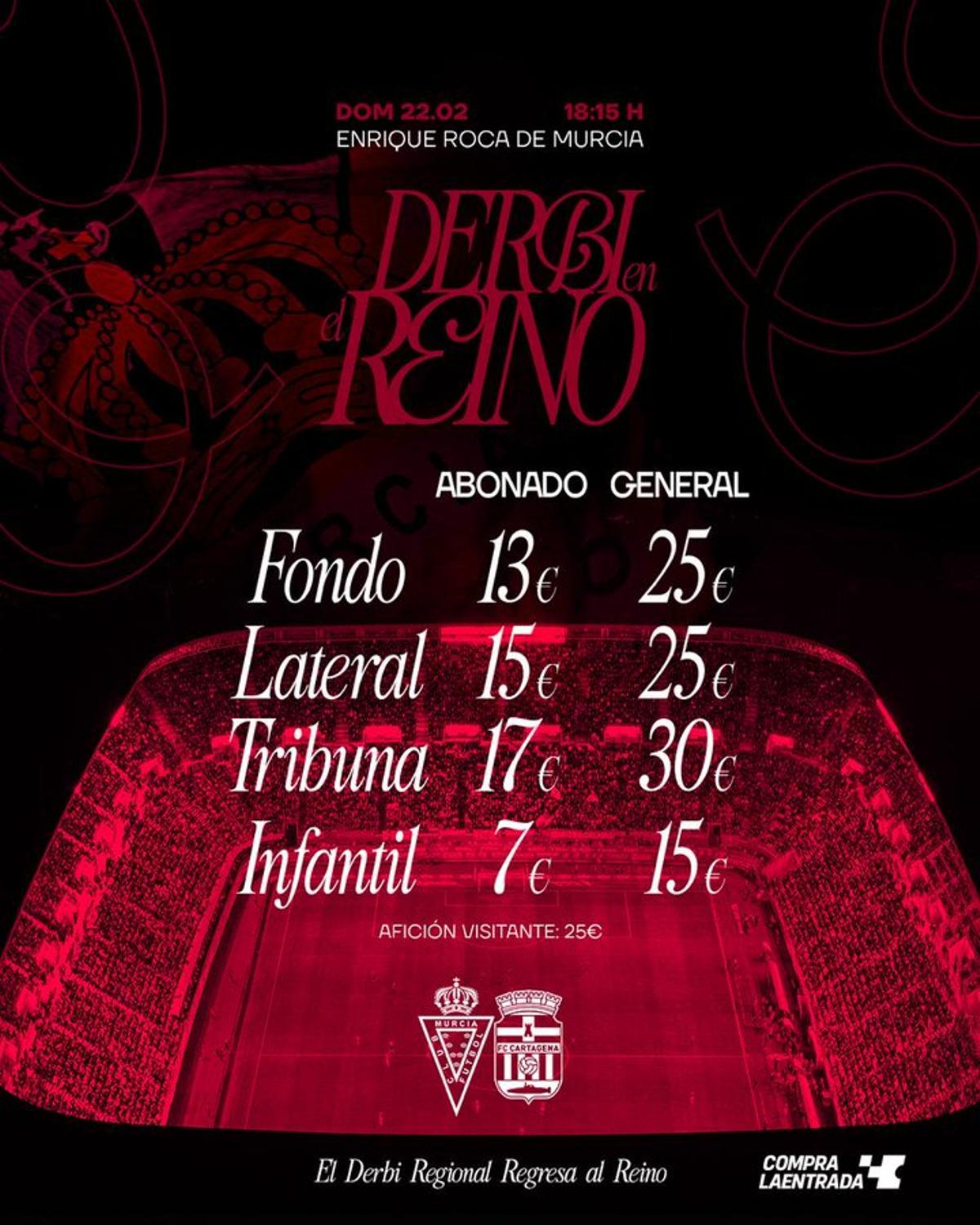Listado de precios para las entradas del derbi regiona en Nueva Condomina.