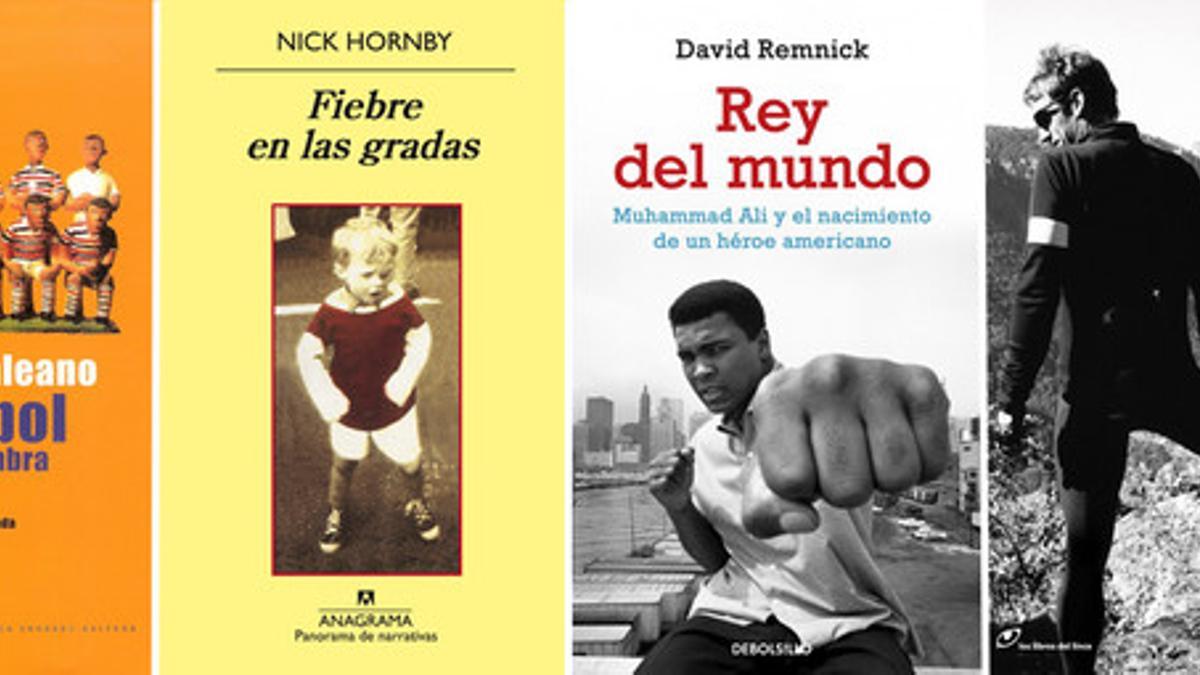 Las portadas de 'El fútbol a sol y a sombra', de Eduardo Galeano; 'Fiebre en las gradas', de Nick Hornby; 'Rey del mundo', de David Remnick, y 'El ciclista', de Tim Krabbé.