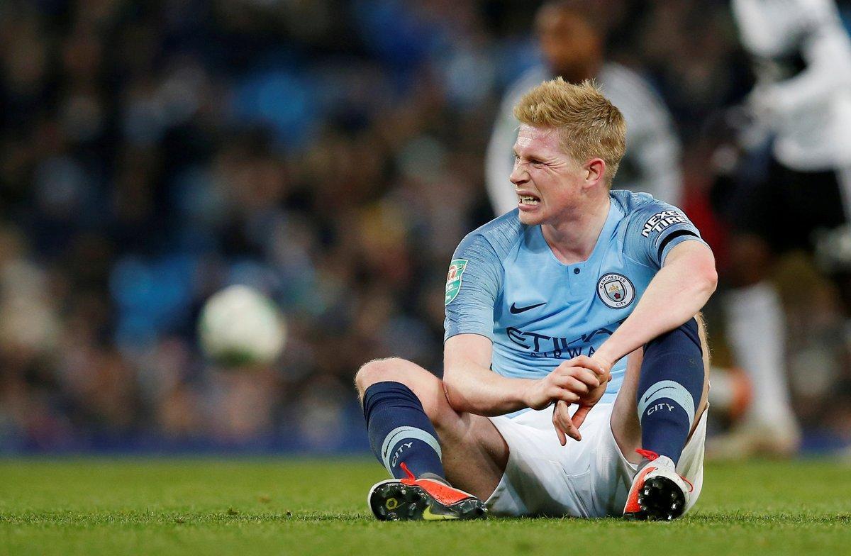 FILE PHOTO: Soccer Football - Carabao Cup Fourth Round - Manchester City v Fulham - Etihad Stadium, Manchester, Britain - November 1, 2018  Manchester City’s Kevin De Bruyne after sustaining an injury                          REUTERS/Andrew Yates/File Photo