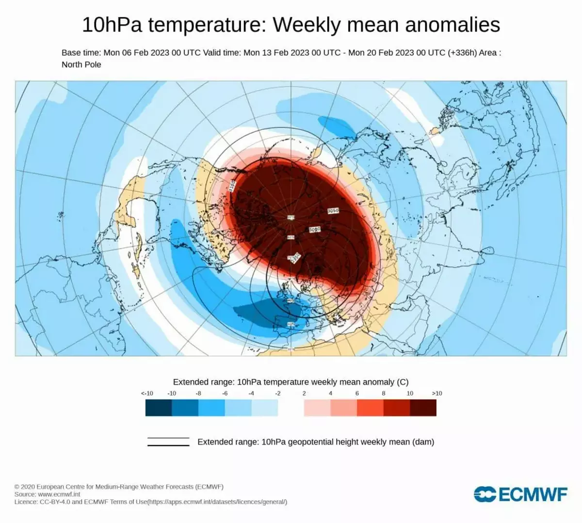 Calentamiento Súbito Estratosférico: Anomalías de la temperatura a 10hPa la semana del 13 al 20 de febrero. Tonos rojos indican anomalías positivas.