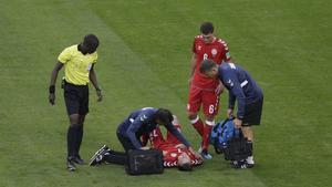 Denmark’s William Kvist lies on the field after injuring during the group C match between Peru and Denmark at the 2018 soccer World Cup in the Mordovia Arena in Saransk, Russia, Saturday, June 16, 2018. (AP Photo/Gregorio Borgia)