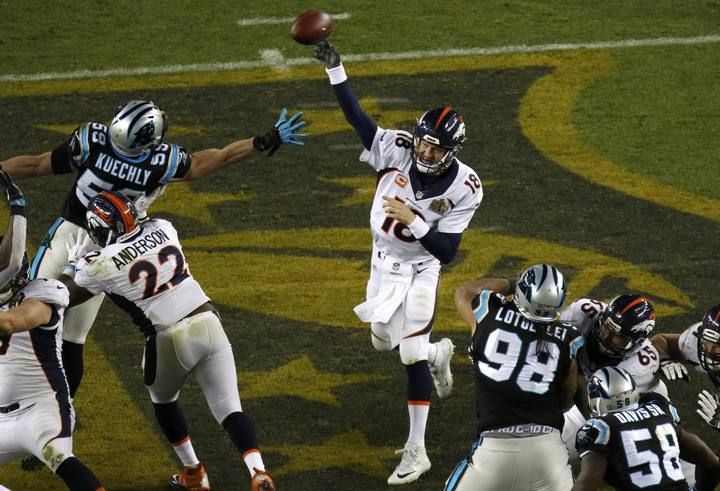 Denver Broncos' quarterback Peyton Manning throws a pass in the third quarter against the Carolina Panthers during the NFL's Super Bowl 50 football game in Santa Clara