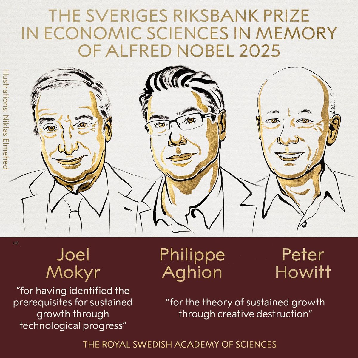 Joel Mokyr, Philippe Aghion i Peter Howitt, Premi Nobel d'Economia 2025