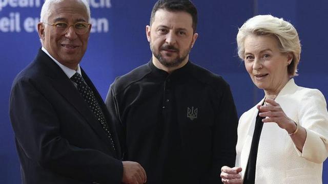 Costa, Zelenski i Von der Leyen, durant una trobada a Kíiv.
 | B. DOPPAGNE / EUROPA PRESS