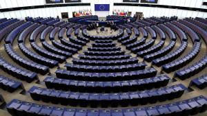 El hemiciclo vacío del Parlamento Europeo en Estrasburgo, este lunes.