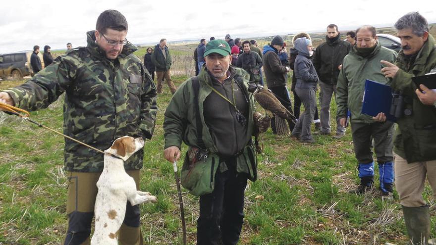 Un halconero y un &quot;perrero&quot; posan con sus respectivos animales en la pradera de Morales.