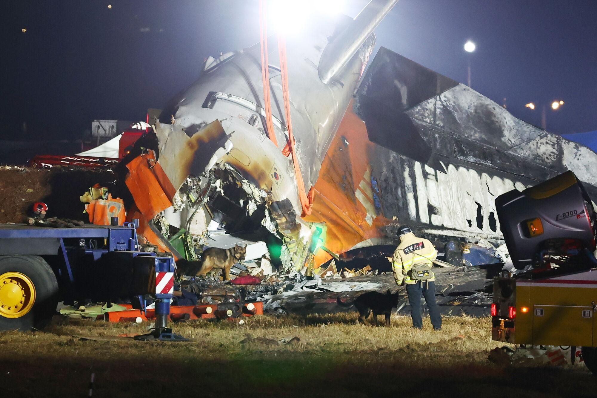 Muan (Korea, Republic Of), 29/12/2024.- Firefighting authorities conduct a search operations at the plane crash site at Muan International Airport in Muan, South Jeolla Province, South Korea, 29 December 2024. According to the South Korea National Fire Agency (NFA), a passenger jet carrying 181 people erupted in flames after going off the runway at an airport in South Korea's southwestern county of Muan on 29 December, leaving at least 176 people dead and 3 missing, as two crew members survived.  (Corea del Sur) EFE/EPA/YONHAP Media Only SOUTH KOREA OUT. Media Only SOUTH KOREA OUT