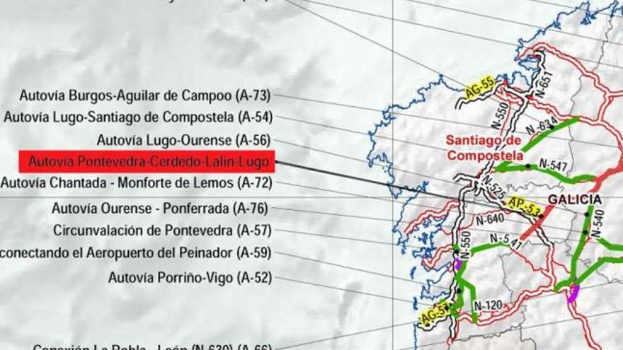 Mapa de las infraestructuras proyectadas por Fomento, entre ellas la autovía Pontevedra-Lugo.