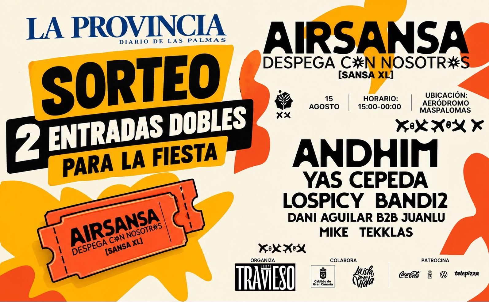 LA PROVINCIA sortea 2 entradas dobles para AirSansa - SANSA XL, el festival de música electrónica que reunirá el próximo 15/08 en el Aeródromo de Maspalomas a artistas como Andhim, Yas Cepeda, Lospicy, Bandi2, entre  otros..