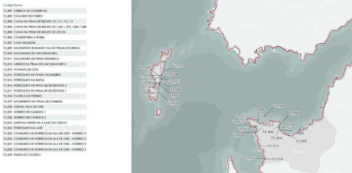 El mapa que se incluye en el catálogo de la Xunta con la localización de los bienes inventariados en el litoral de Bueu.