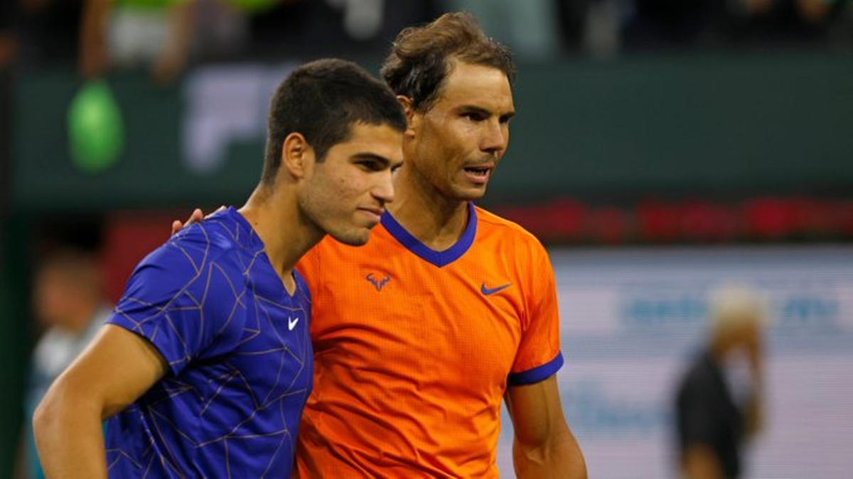 Alcaraz y Nadal, en su último enfrentamiento, en Indian Wells. Alcaraz y Nadal, en su último enfrentamiento, en Indian Wells.